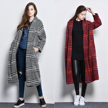 秋冬新款韩版休闲风衣羊绒格子宽松超长款格子呢大衣羊毛呢外套