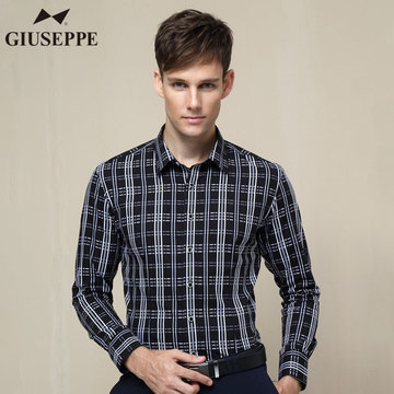 Giuseppe/乔治白品牌男士秋季新品长袖衬衫纯棉商务休闲格子衬衣