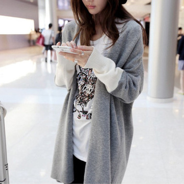 2015冬装新款女装韩版时尚百搭拼色针织衫蝙蝠袖长版毛衣外套女