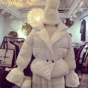 正版2015冬韩版高领收腰加厚羽绒棉长袖短款外套喇叭灯笼袖棉衣女