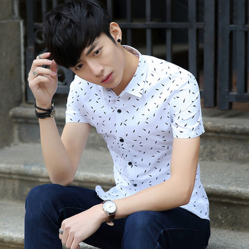 夏季男装青少年时尚衬衫短袖 韩版修身印花学生上班休闲男式衬衫