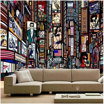 3D立体纽约城市夜景大型抽象壁画现代都市时尚卧室客厅背景墙壁纸