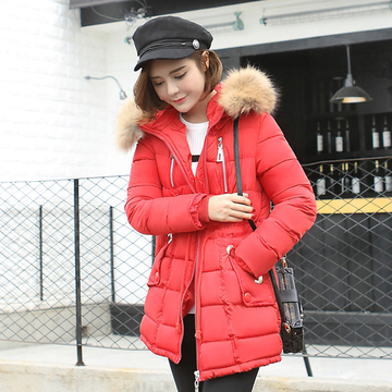 2015韩版冬季新款大码修身中长款纯色女装大毛领连帽羽绒棉衣外套