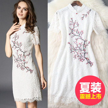 2016春季女装新品气质中国风梅花刺绣立领旗袍蕾丝连衣裙