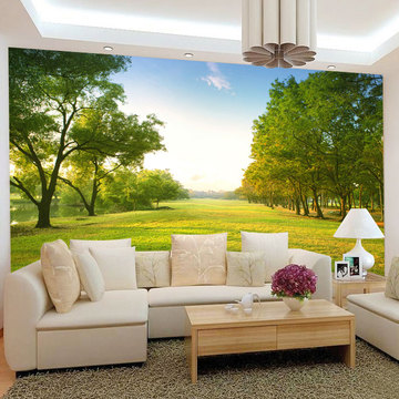3d立体风景墙纸壁纸壁画 客厅沙发无缝电视背景墙布田园自粘 树林