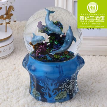 JARLL 小朋友 情人节礼物 海底世界 海豚与珊瑚 音乐盒 水晶球