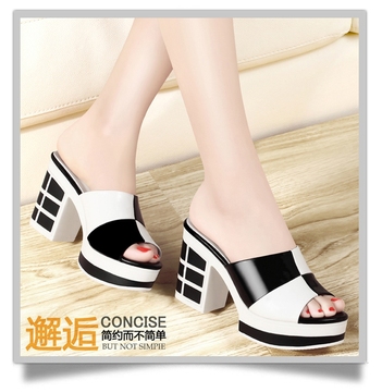 2015夏季新款韩版高跟防水台粗跟休闲坡跟松糕防滑一字拖真皮女鞋