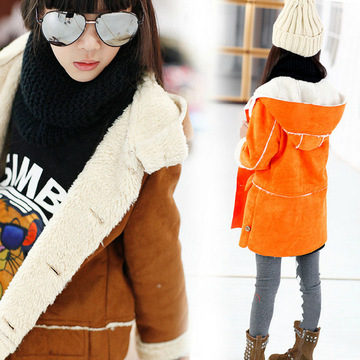 中大童装2015秋冬季新款韩版儿童外套女童长款加厚连帽羊羔绒大衣