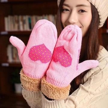 2015秋冬季韩版绣花毛口手套女士爱心图案针织加厚保暖包指手套