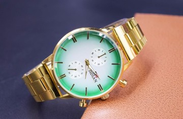 时尚多种渐变色男款石英表钢带手表休闲合金国内黑色蓝色绿色金属