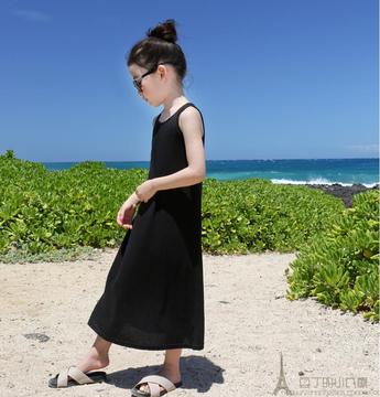 韩国童装纯色时尚波西米亚女童沙滩裙夏季纯色背心裙长裙潮范儿