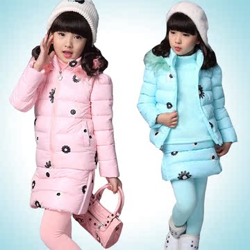 童装女童冬款套装小女孩羽绒梅花棉衣三件套加绒宝宝保暖卫衣加厚