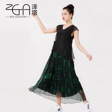 ZETA原创设计2016新款真丝连衣裙夏 桑蚕丝中长款无袖两件套30-35