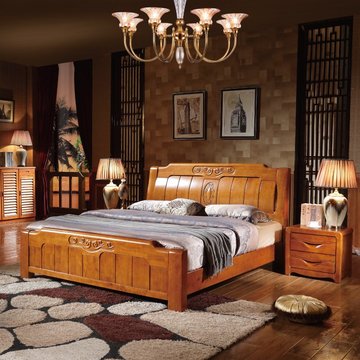 全实木床 双人床1.8米1.5特价专柜 橡木新中式床高箱实木床储物床