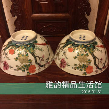 大清宣统年制青花珐琅彩花鸟纹大碗一对 精品仿古瓷器 摆件 包邮