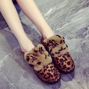 2015冬季新款绒面豹纹兔毛加厚绒平底跟低帮鞋大棉单鞋兔子鞋女鞋