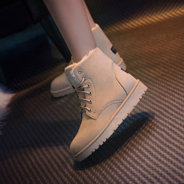 冬季欧美休闲高帮棉鞋简约纯色短筒女雪地靴平底低跟系带舒适短靴