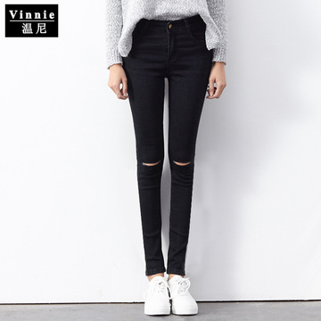 Vinnie2016新款牛仔裤纯色紧身裤膝盖开口小脚牛仔裤时尚铅笔裤潮