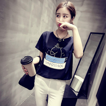 一件代发新款韩版女装宽松大码卡通印花上衣时尚打底衫短袖T恤女