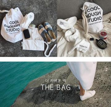 预定包邮韩国COOL ENOUGH STUDIO简约字母环保帆布包水桶包单肩包