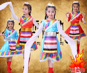 儿童舞蹈演出服藏服 水袖 短袖民族舞蹈表演服水袖藏族服装新款女