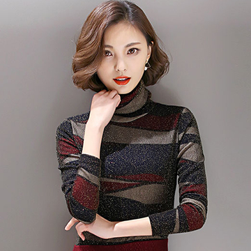 2015冬季新款韩版高领打底衫长袖加厚条纹蕾丝衫保暖修身小衫女潮