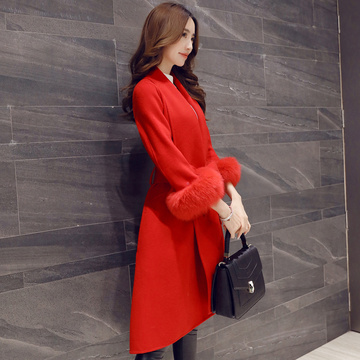 2015冬装新品欧洲站女神范长款羊毛呢大衣外套大红修身呢子外套