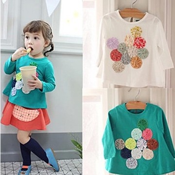 2015春款 韩国品牌童装 女童全棉手工立体撞色花朵娃娃衫 T恤衫