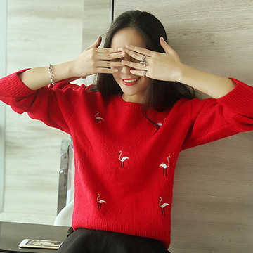 韩版女装2015秋装新款针织衫马海毛加厚长袖刺绣宽松套头毛衣女秋