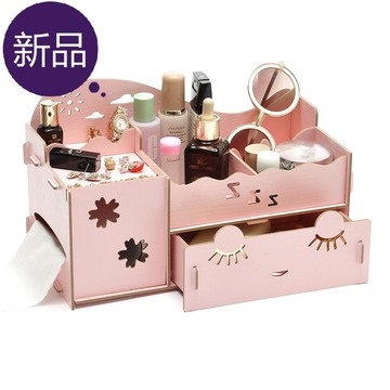 韩国创意多功能桌面整理木制化妆品收纳盒 抽屉式宿舍图案梳妆台