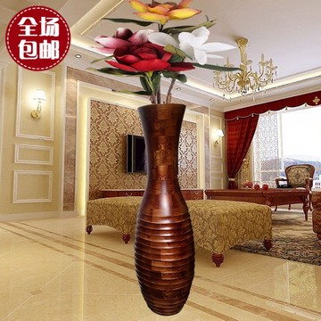 木质欧式落地大花瓶 现代简约电视柜插花摆件 客厅仿真花干花花瓶