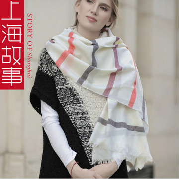 上海故事新款欧美羊毛空调披肩 长款条纹超大遮阳披肩围巾