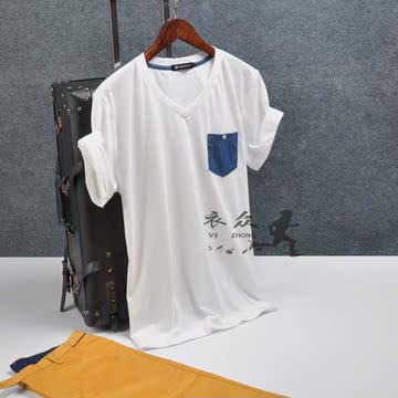 2015夏季新款 男士短袖t恤 v领韩版修身纯色全棉时尚潮牌t shirt