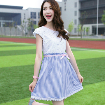 高中学生连衣裙夏装2015新款韩版圆领泡泡袖条纹少女小清新公主裙