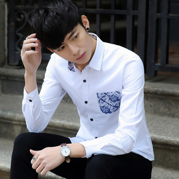男装春季男士衬衫韩版修身免烫男装小清新款男式长袖衬衫