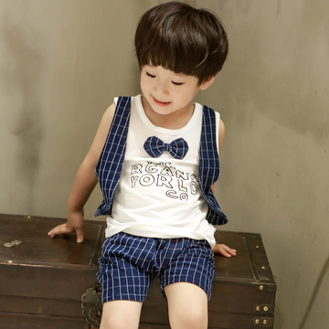 夏款韩版童装潮夏装宝宝男童儿童假两件领结礼服无袖背心短裤套装