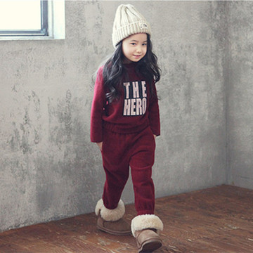 女童韩版冬季新款字母红色摇粒绒套装儿童纯色加绒休闲套头两件套