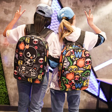 韩涂鸦印花双肩包日系卡通男女学生书包情侣双肩包大容量旅行背包