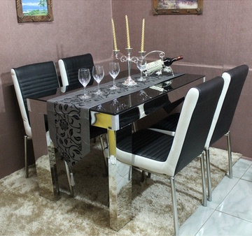 不锈钢钢化玻璃餐桌椅组合简约现代家具饭桌小户型经济桌子火锅桌
