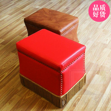 创意流苏软皮凳子美式复古换鞋皮凳子卧室梳妆凳大红色时尚家居凳