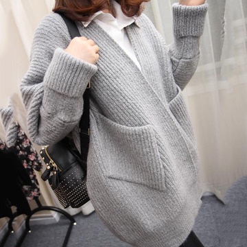 2015秋季新品女装针织衫 纯色双口袋毛衣针织开衫 宽松型中