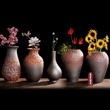 粗陶花瓶复古手工 花插陶瓷花器茶具摆件 居家陶艺花器花瓶 内秀