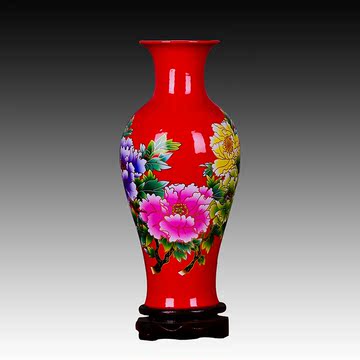 景德镇陶瓷器花瓶 客厅家居装饰摆件设 中国红花瓶荷花描金工艺品