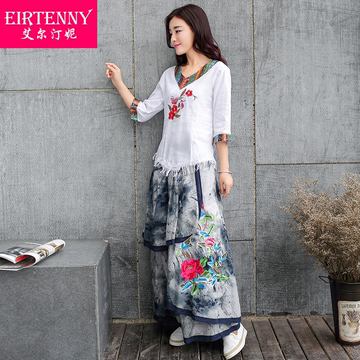 棉麻连衣裙2015夏新款女装复古民族风刺绣两件套韩版水墨印花长裙