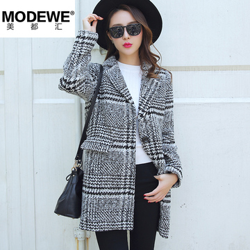 2015韩版女装加厚中长款千鸟格子毛呢外套女一粒扣茧型羊毛呢大衣