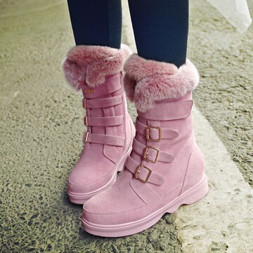 冬季欧版皮带扣中筒马丁靴纯粉色兔毛内增高中跟休闲磨砂皮靴子女