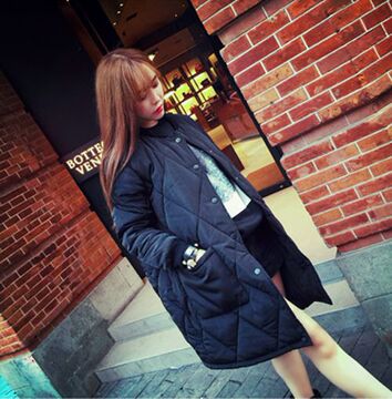 韩版冬季女装黑色暗扣立领宽松百搭大码长袖保暖中长款羽绒棉衣服
