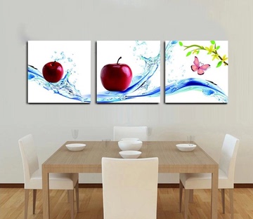 餐厅挂画现代简约装饰画动感水果壁画苹果蝴蝶无框画三联画饭厅画