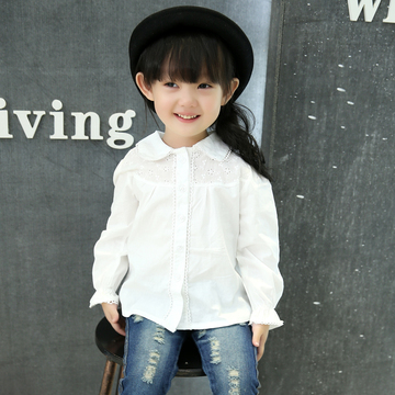 宝宝衬衫春秋季女童白色刺绣娃娃领全棉长袖上衣打底衣衬衣3-9岁