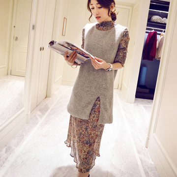 小珊瑚#韩版时尚针织背心高领收腰系带雪纺连衣裙套装